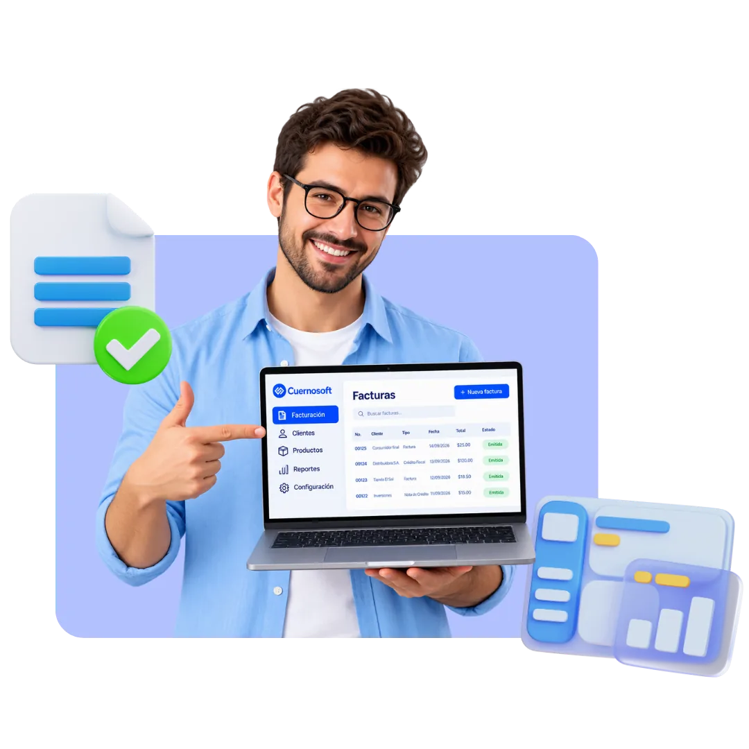 Vista ilustrativa de una plataforma para administrar facturas, clientes, productos y reportes
